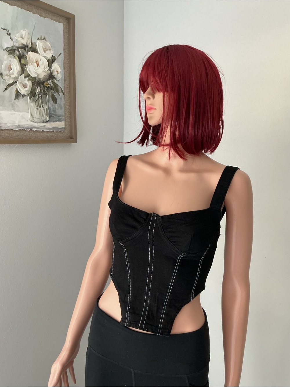 Zara Black Corset Crop Top with Contrast Stitching - Picture 8 of 15